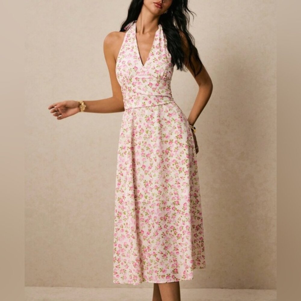 LAST ONE 🔥 White & Pink Rose Floral Halter Midi Dress